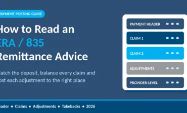How to read an ERA 835 remittance advice graphic showing a remittance file with payment header, claim and adjustment blocks