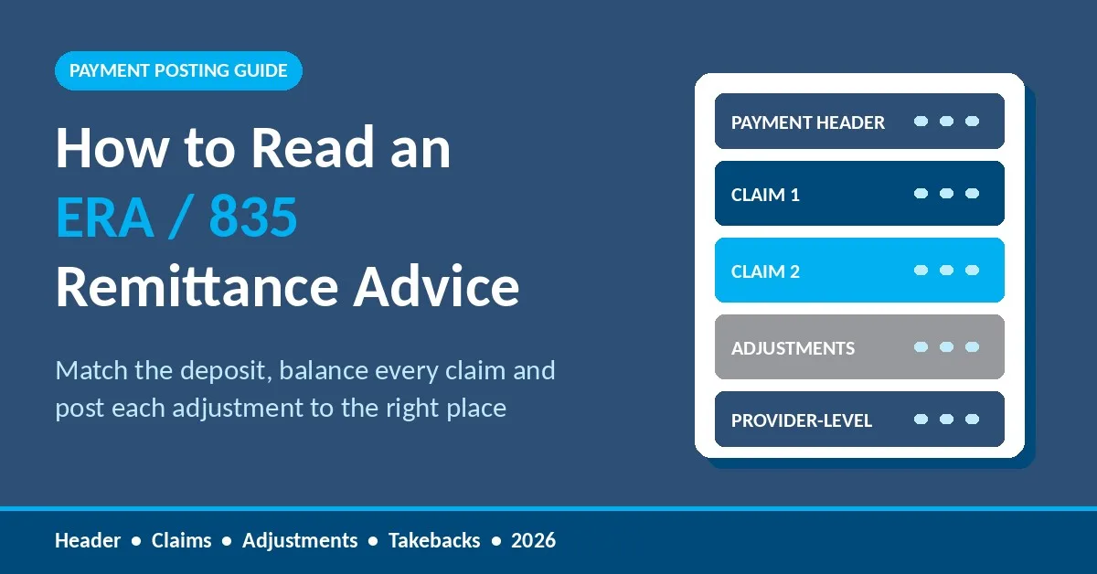 How to read an ERA 835 remittance advice graphic showing a remittance file with payment header, claim and adjustment blocks