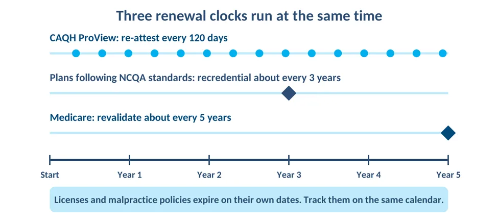 Timeline of CAQH 120-day re-attestation, three-year plan recredentialing, and five-year Medicare revalidation