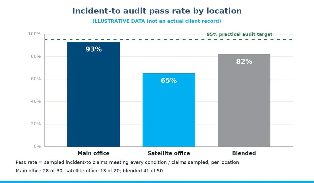 Illustrative bar chart of incident-to audit pass rate by location compared with the blended rate and a 95% target