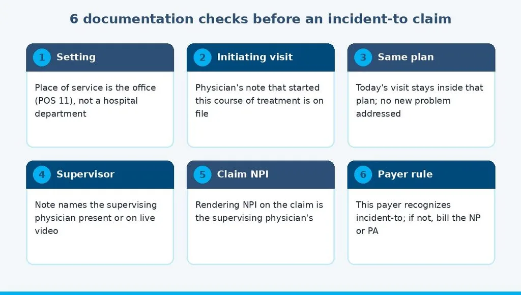 Six documentation checks to complete before submitting an incident-to claim for an NP or PA