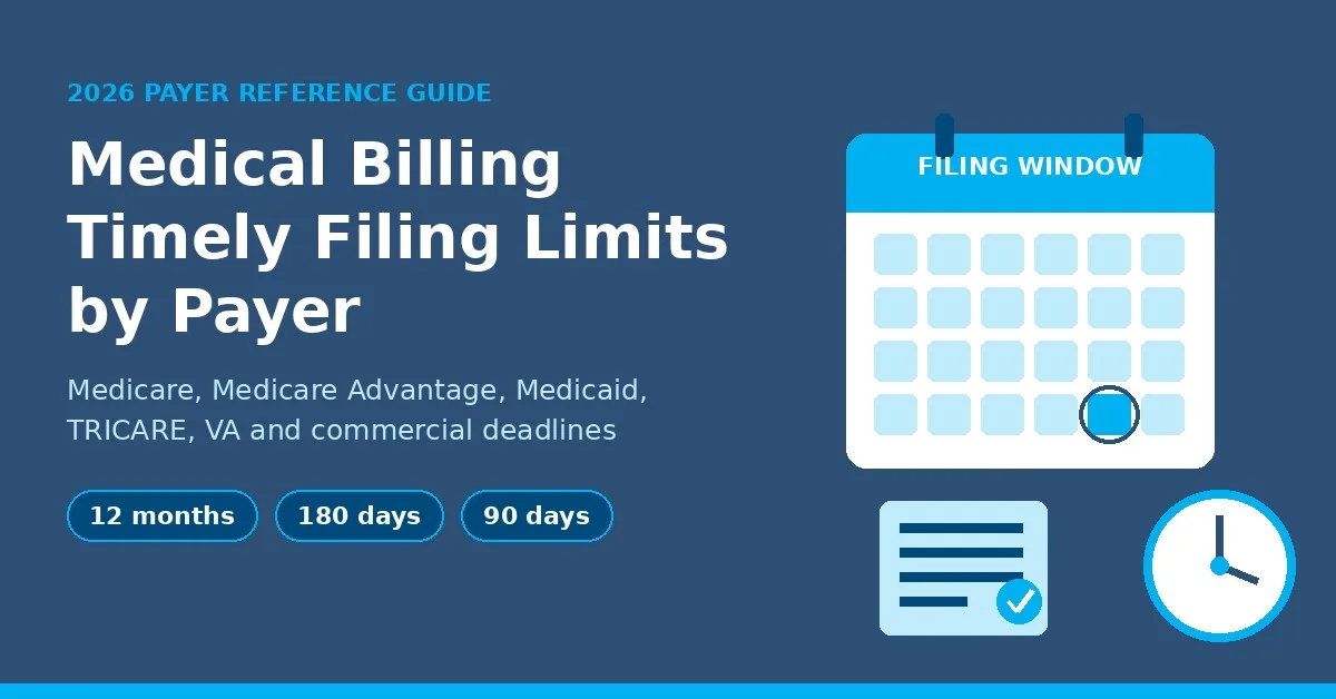 Medical billing timely filing limits by payer featured graphic with a calendar, clock and claim form