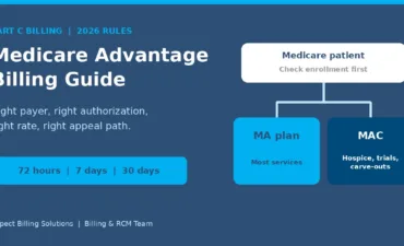 Medicare Advantage billing guide showing a Medicare patient's claim routed to the MA plan or to the MAC for carved-out services