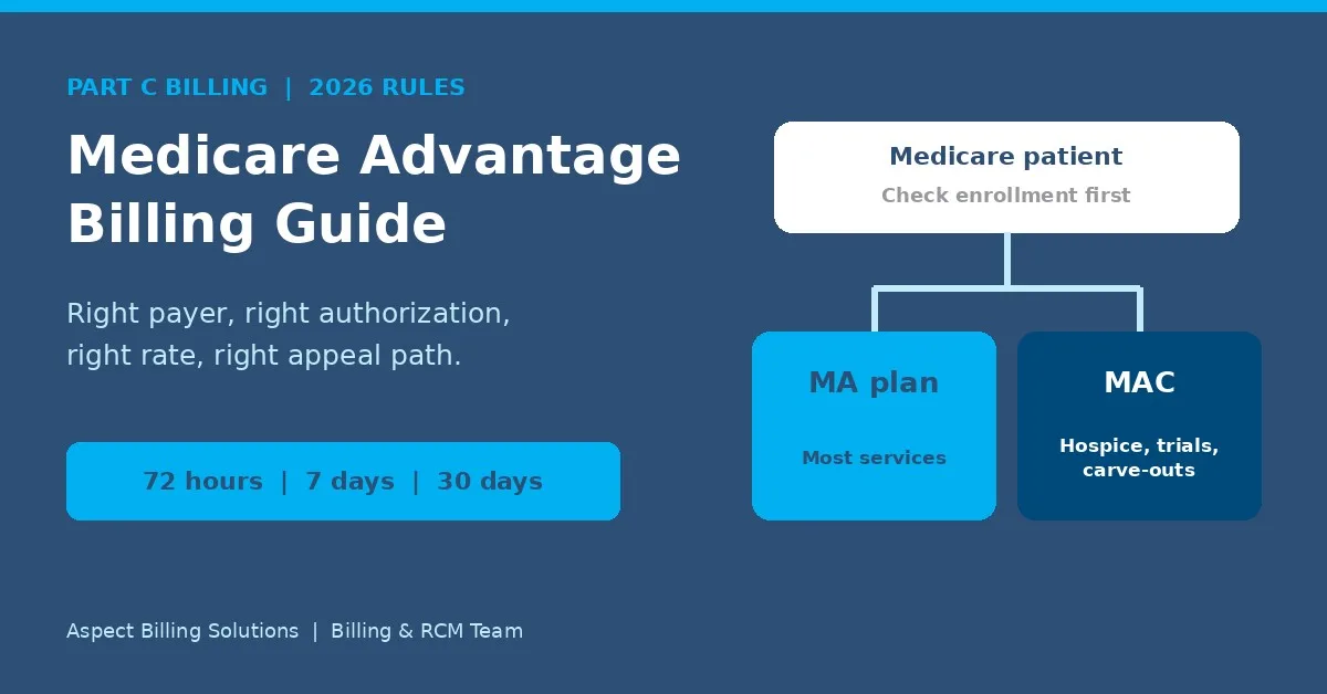 Medicare Advantage billing guide showing a Medicare patient's claim routed to the MA plan or to the MAC for carved-out services