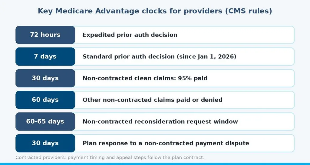 Key Medicare Advantage deadlines for providers, including prior authorization decision times and non-contracted payment and appeal timelines