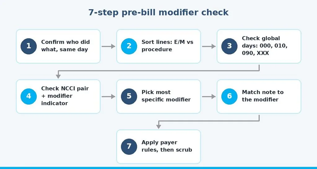 Seven-step pre-bill workflow for applying modifier 25 and modifier 59 correctly