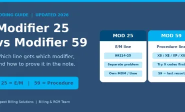 Modifier 25 vs modifier 59 comparison showing modifier 25 on the E/M line and modifier 59 or X modifiers on the procedure line