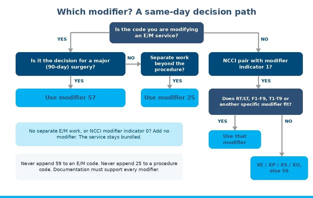 Decision flowchart for choosing modifier 57, 25, an anatomic modifier, an X modifier or modifier 59