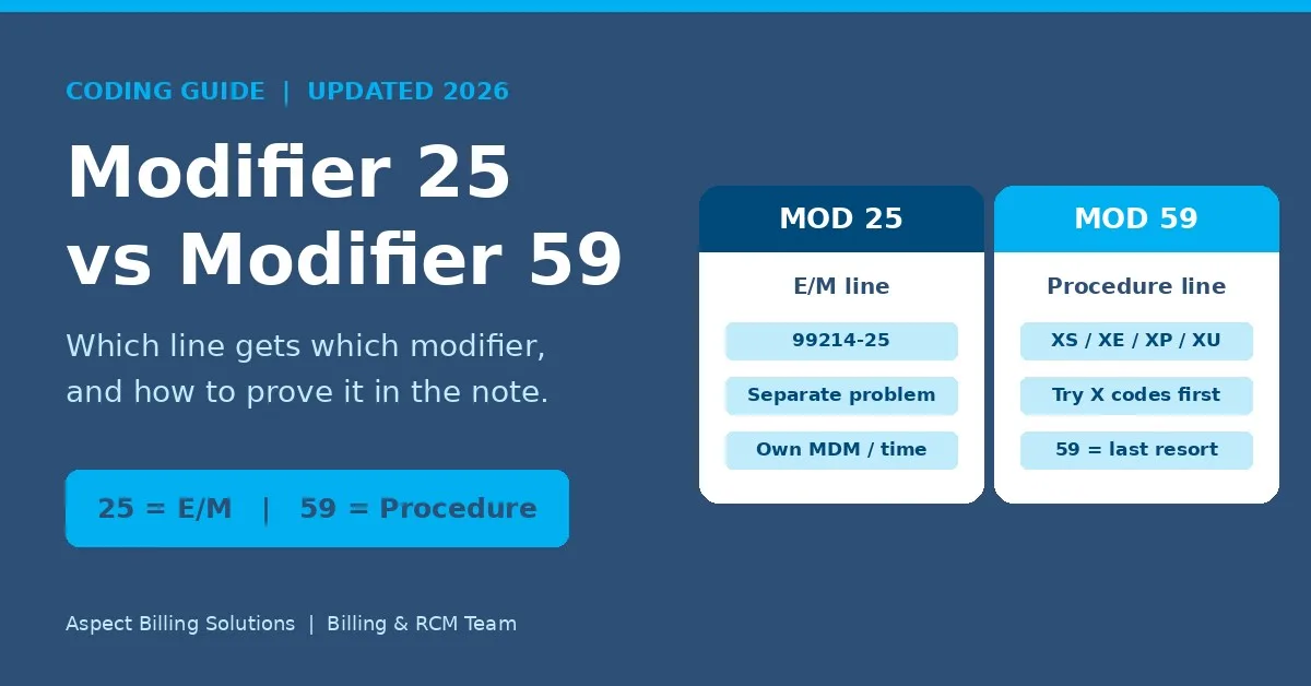 Modifier 25 vs modifier 59 comparison showing modifier 25 on the E/M line and modifier 59 or X modifiers on the procedure line