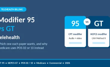 Modifier 95 vs GT telehealth graphic comparing the AMA CPT modifier 95 with the HCPCS modifier GT