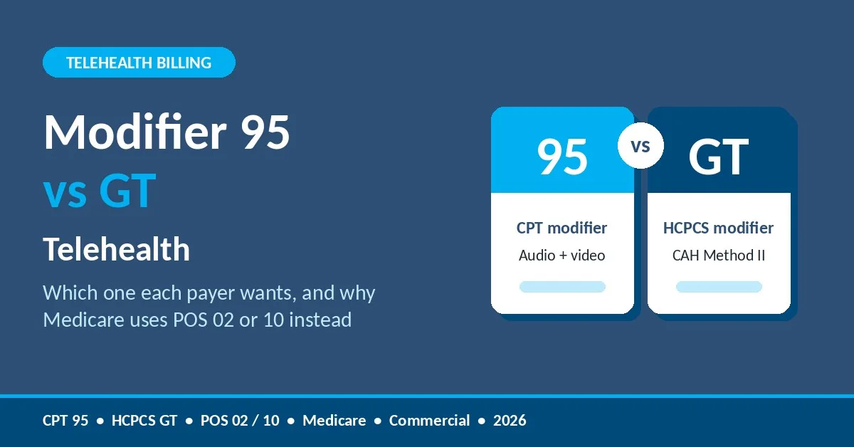 Modifier 95 vs GT telehealth graphic comparing the AMA CPT modifier 95 with the HCPCS modifier GT