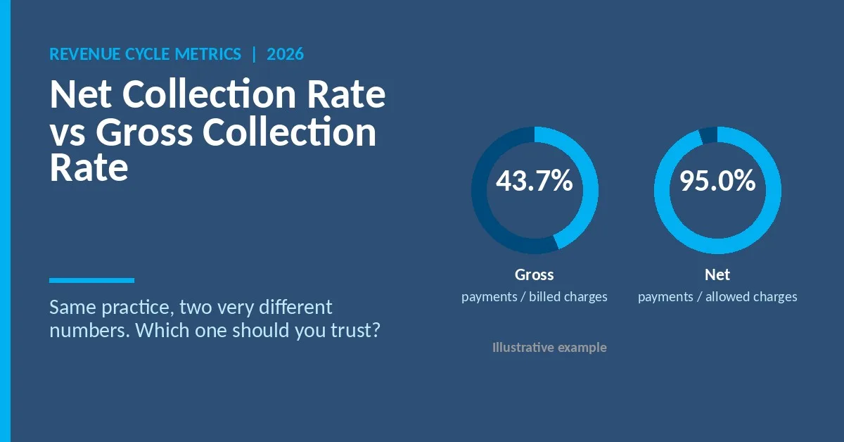 Net collection rate vs gross collection rate: two gauges comparing 43.7 percent gross and 95.0 percent net