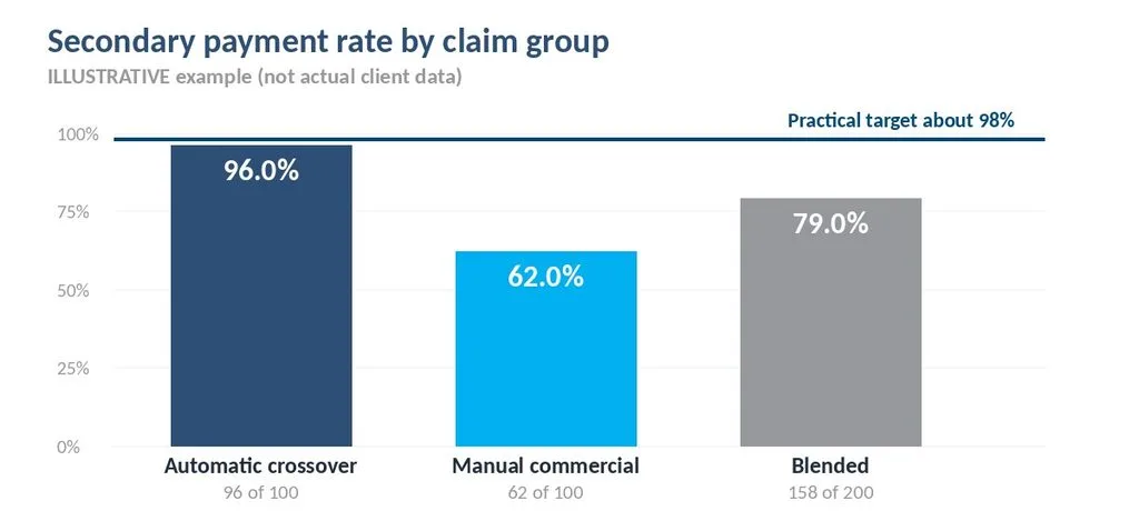 Illustrative chart: secondary claim payment rate of 96 percent for automatic crossover claims, 62 percent for manual commercial claims and 79 percent blended