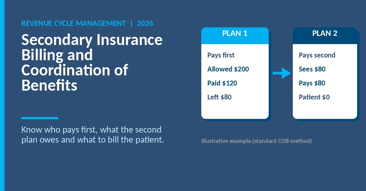 Secondary insurance billing and coordination of benefits: primary and secondary plans paying one claim