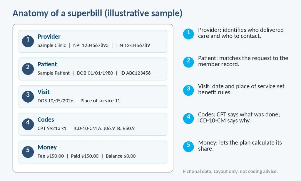 Annotated sample superbill showing provider, patient, visit, codes and charges sections