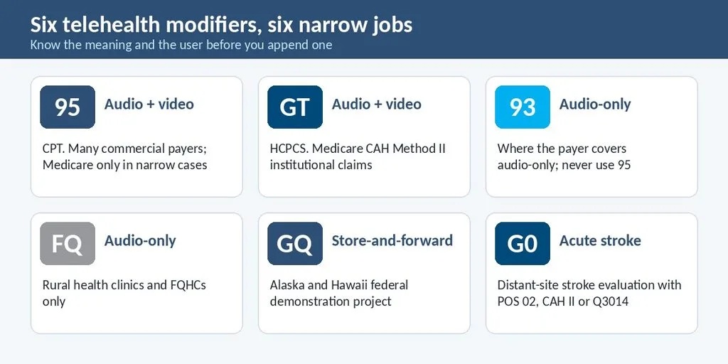 Cheat card for telehealth modifiers 95, GT, GQ, G0, 93 and FQ showing what each means and who uses it