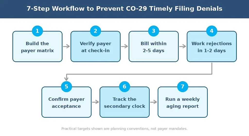 Seven step workflow to prevent CO-29 timely filing denials from payer matrix to weekly aging report